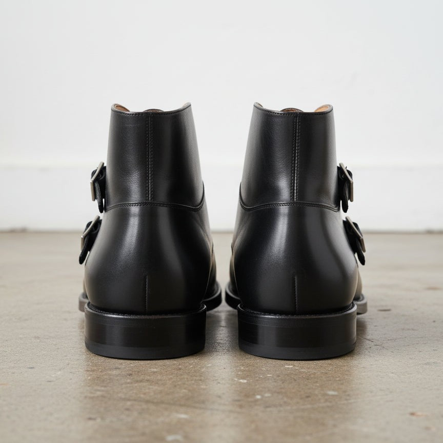 Men's Black Cap-Toe Leather Double Monk Boots