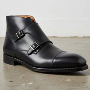 Men's Black Cap-Toe Leather Double Monk Boots