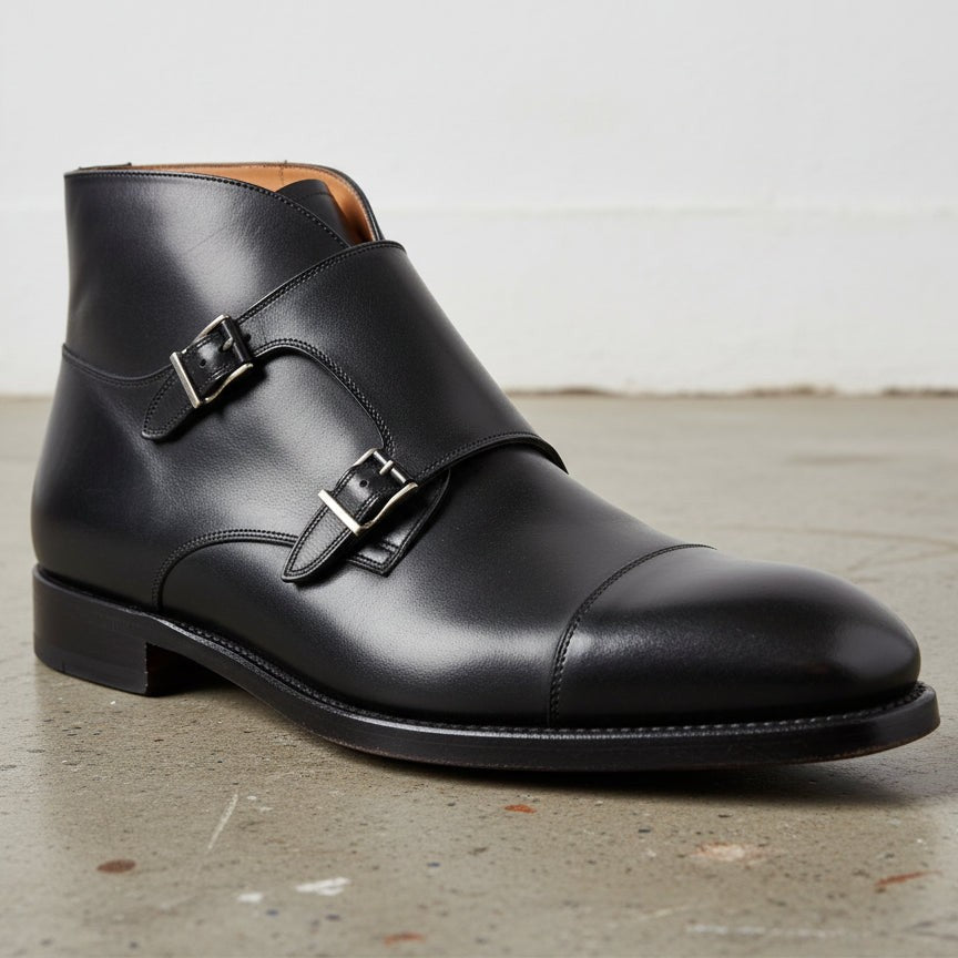 Men's Black Cap-Toe Leather Double Monk Boots