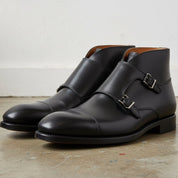 Men's Black Cap-Toe Leather Double Monk Boots