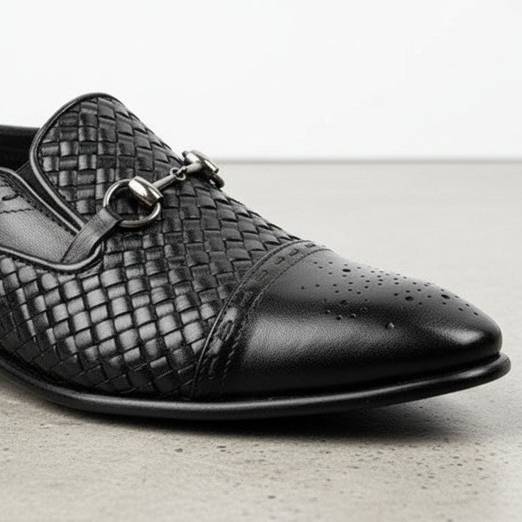 Men's Black Cap-Toe Leather Bit Loafers