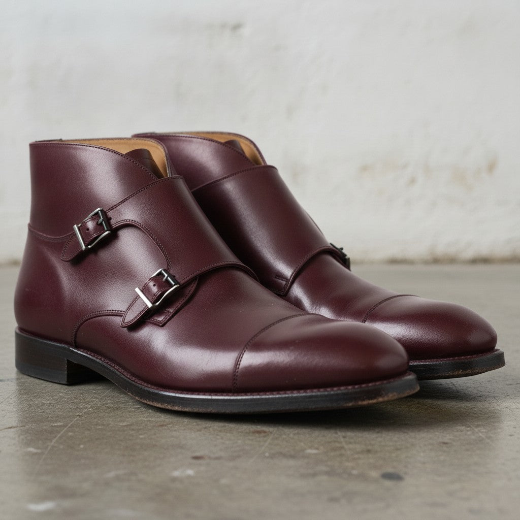 Men's Burgundy Cap-Toe Leather Double Monk Boots