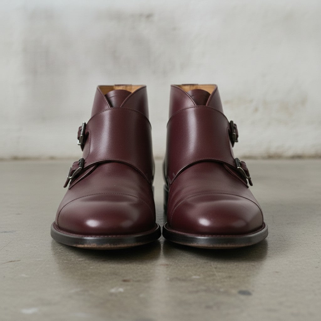Men's Burgundy Cap-Toe Leather Double Monk Boots