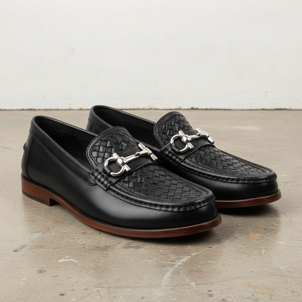 Men's Black Apron-Toe Leather Bit Loafers