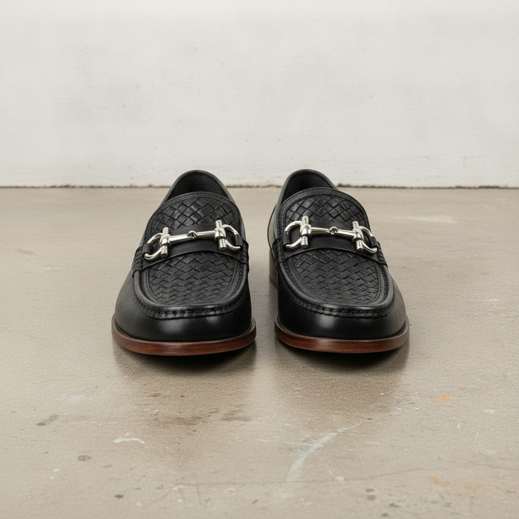 Men's Black Apron-Toe Leather Bit Loafers