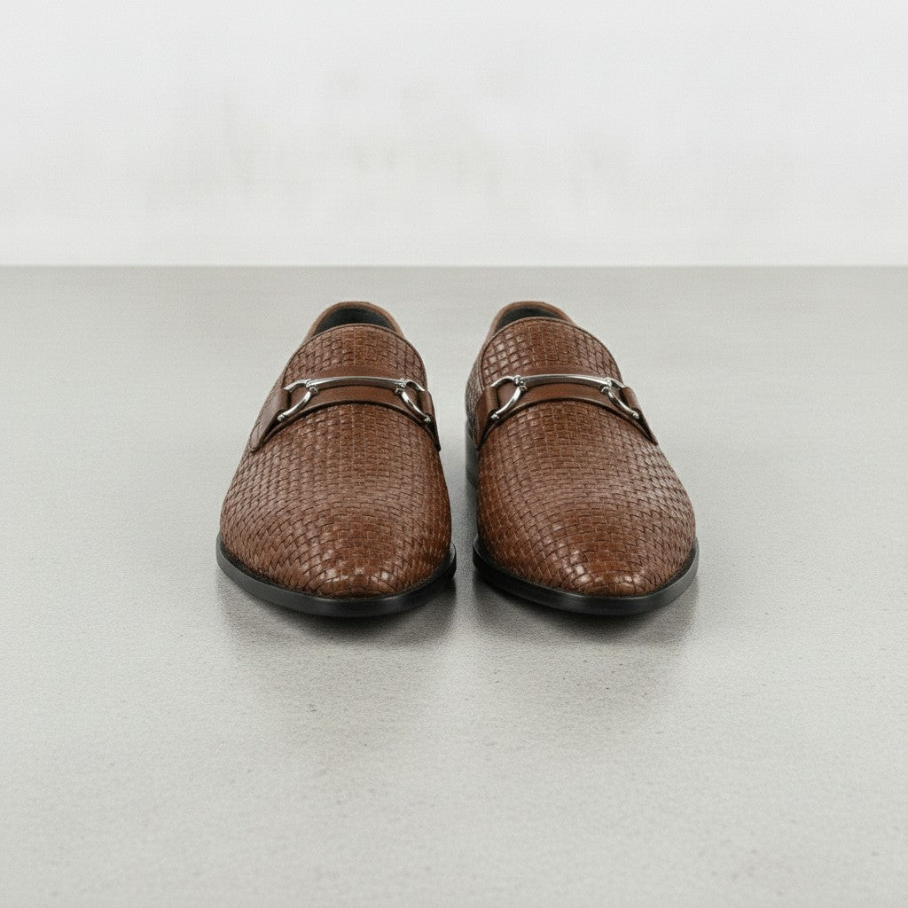 Men's Brown Woven Leather Bit Loafers