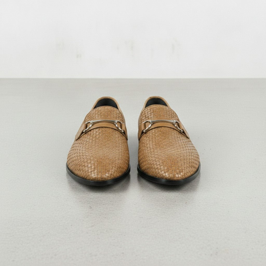 Men's Tan Woven Leather Bit Loafers