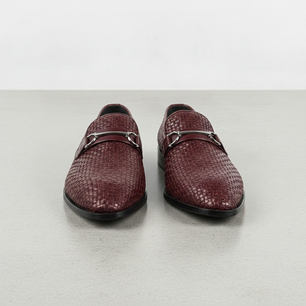 Men's Burgundy Woven Leather Bit Loafers