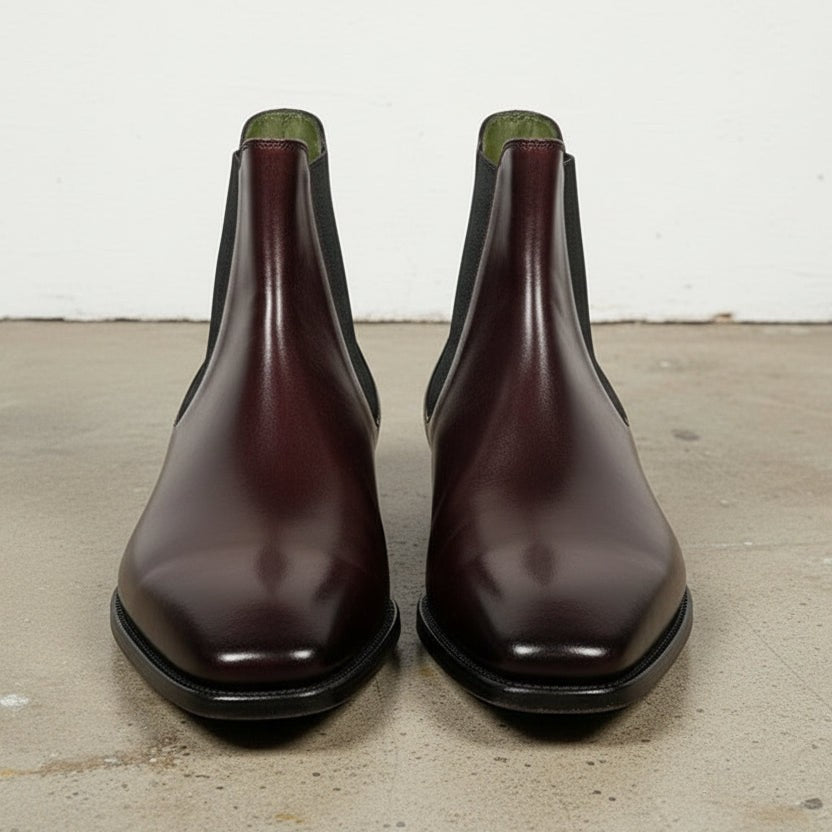 Men's Burgundy and Black Plain-Toe Leather Chelsea Boots — Clawton