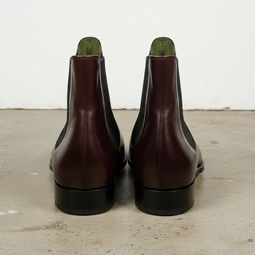 Men's Burgundy and Black Plain-Toe Leather Chelsea Boots — Clawton