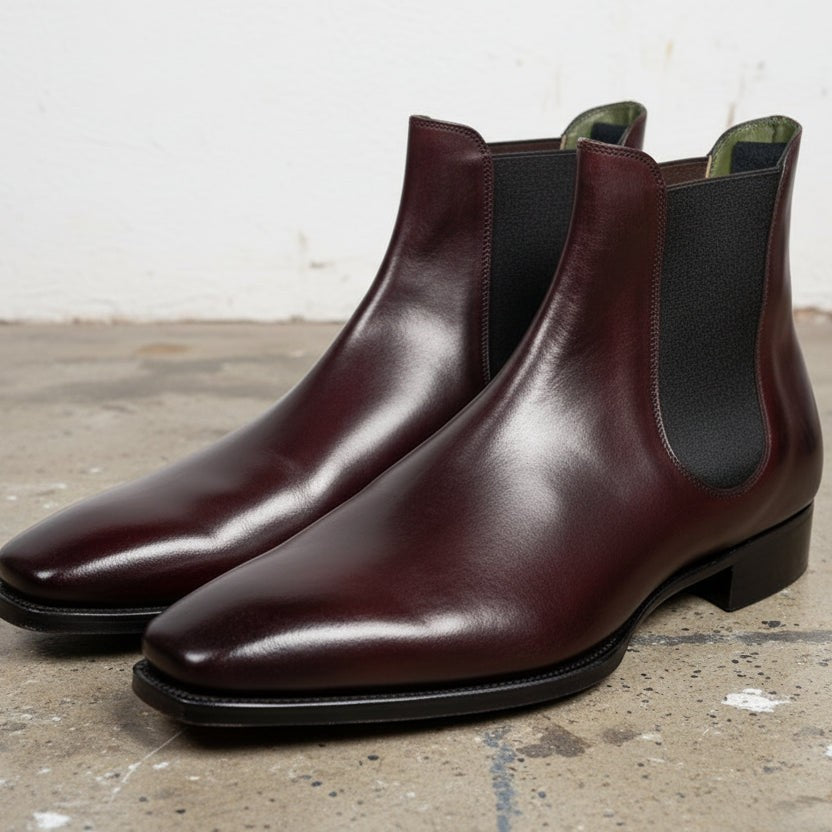Men's Burgundy and Black Plain-Toe Leather Chelsea Boots — Clawton