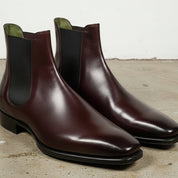 Men's Burgundy and Black Plain-Toe Leather Chelsea Boots — Clawton