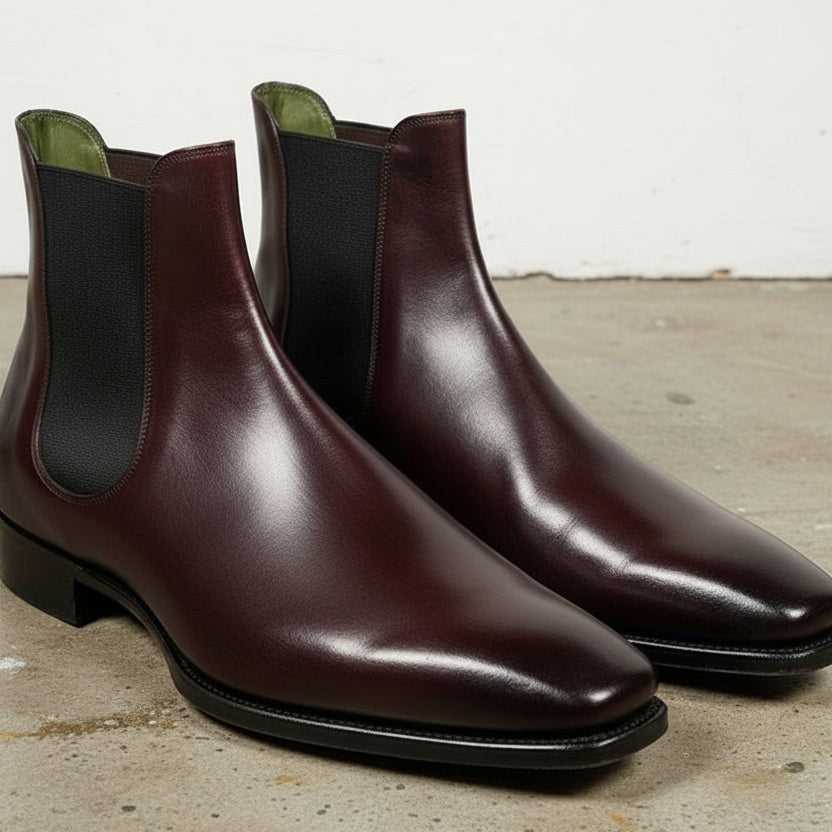 Men's Burgundy and Black Plain-Toe Leather Chelsea Boots — Clawton