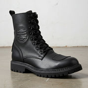 Men's Black Plain-Toe Pebbled Leather Biker Boots