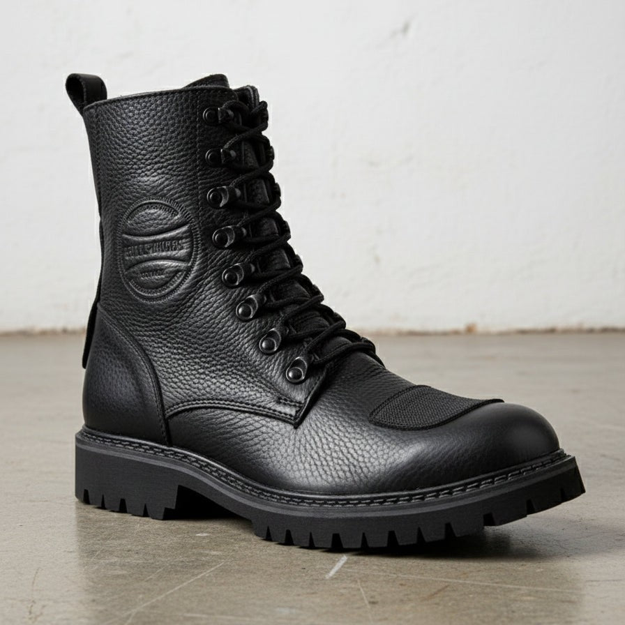 Men's Black Plain-Toe Pebbled Leather Biker Boots
