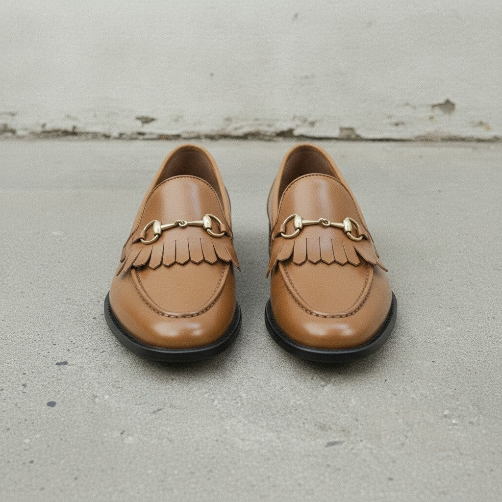 Men's Tan Apron-Toe Leather Bit Loafers