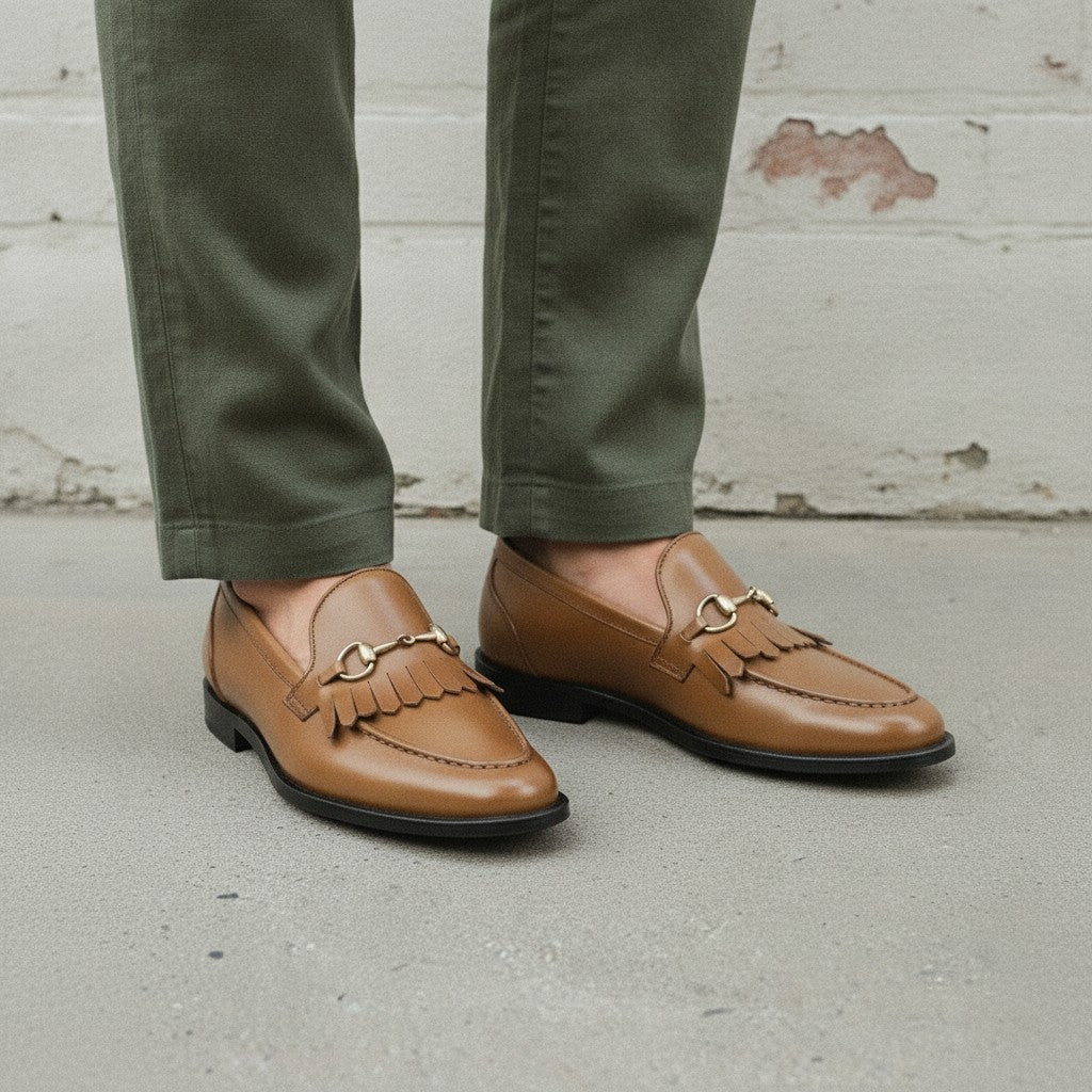 Men's Tan Apron-Toe Leather Bit Loafers