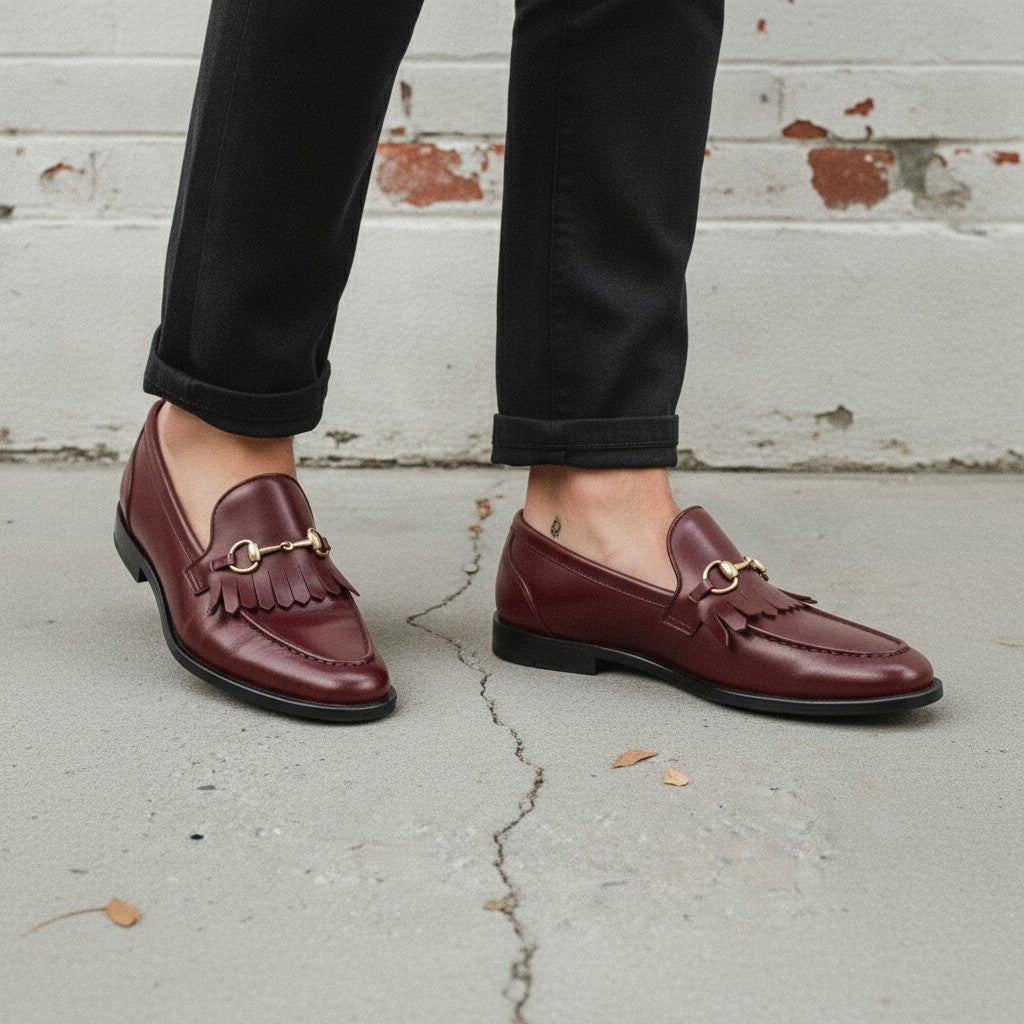 Men's Burgundy Apron-Toe Leather Bit Loafers