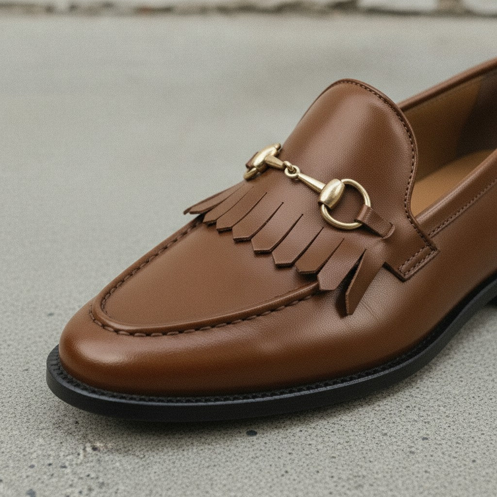 Men's Brown Apron-Toe Leather Bit Loafers