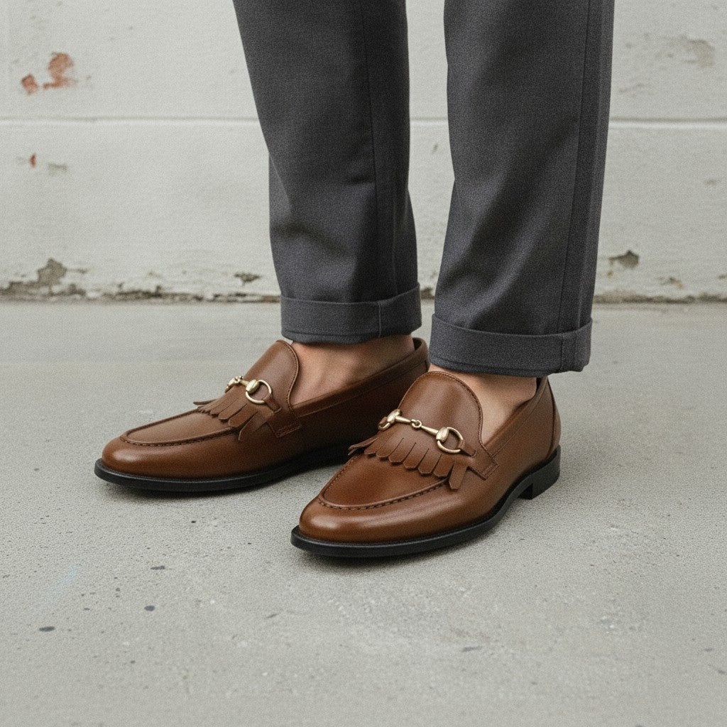 Men's Brown Apron-Toe Leather Bit Loafers