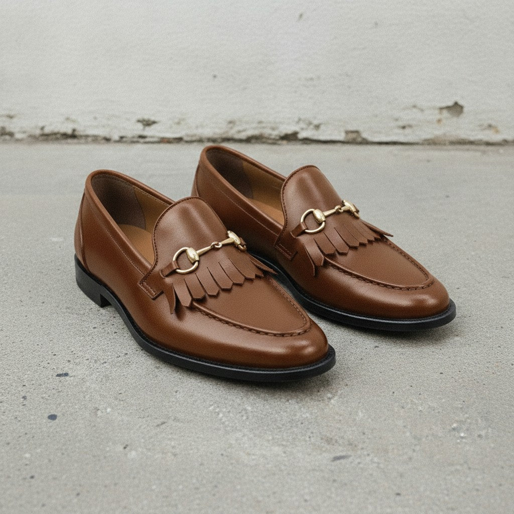 Men's Brown Apron-Toe Leather Bit Loafers