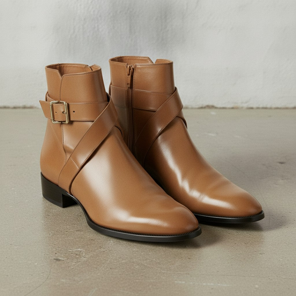 Men's Tan Plain-Toe Leather Ankle Boots