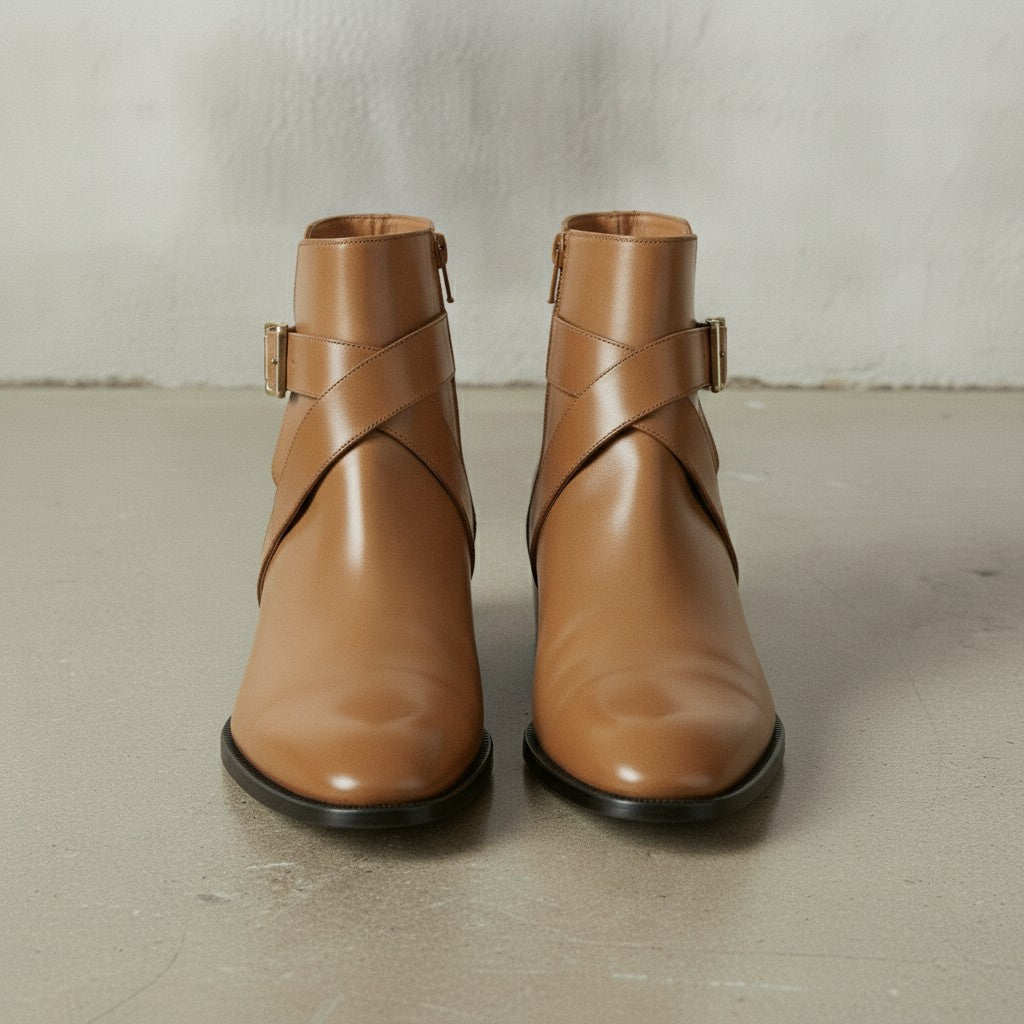 Men's Tan Plain-Toe Leather Ankle Boots