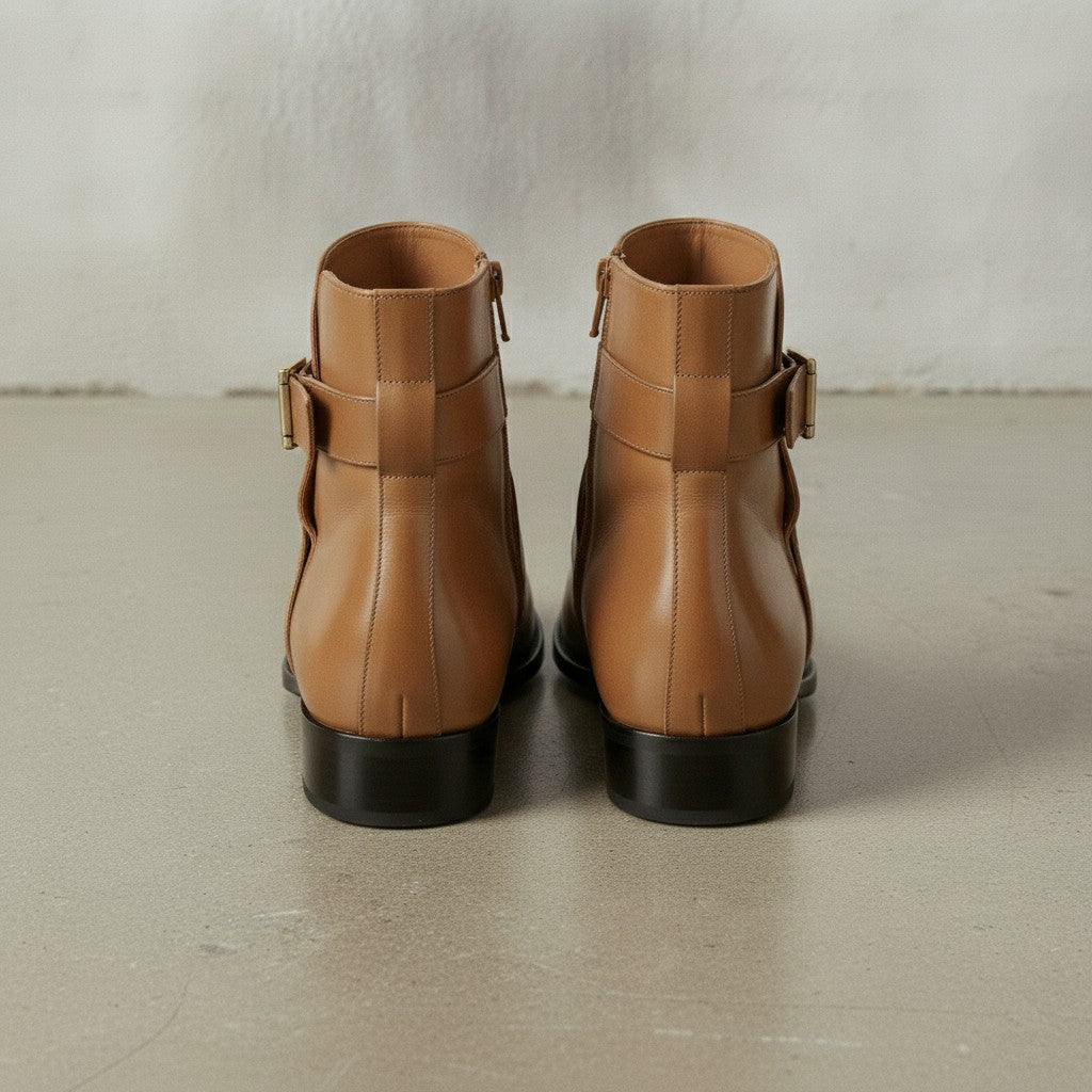 Men's Tan Plain-Toe Leather Ankle Boots