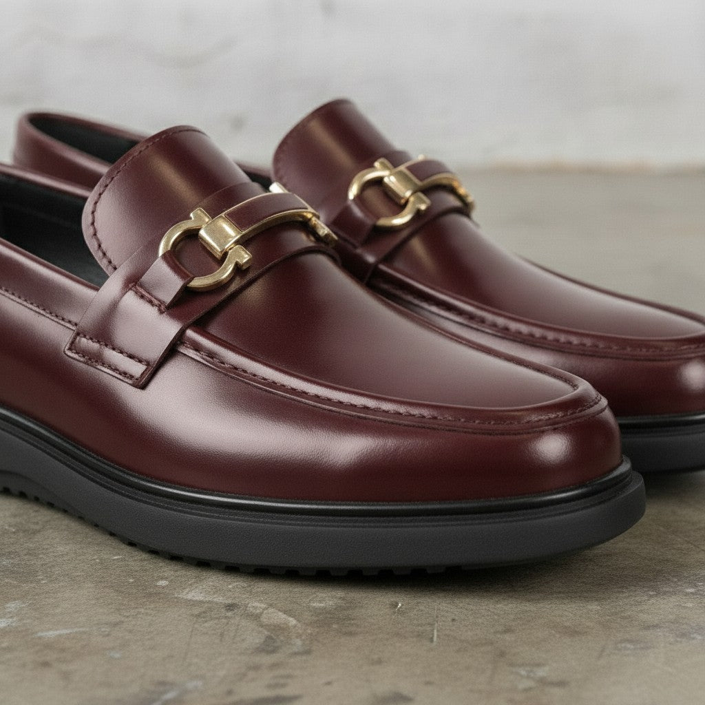 Men's Burgundy Apron-Toe Leather Bit Loafers