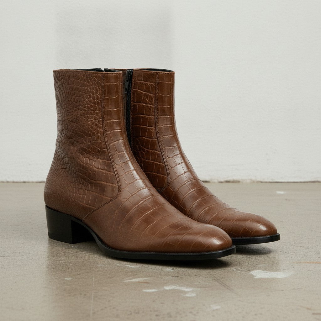 Men's Brown Crocodile-Embossed Leather Ankle Boots