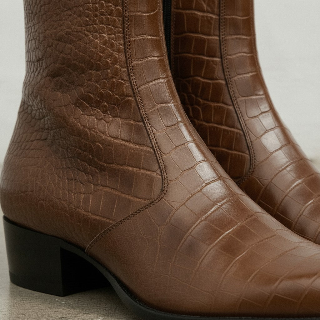 Men's Brown Crocodile-Embossed Leather Ankle Boots
