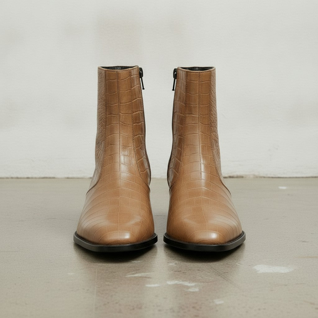 Men's Tan Crocodile-Embossed Leather Ankle Boots