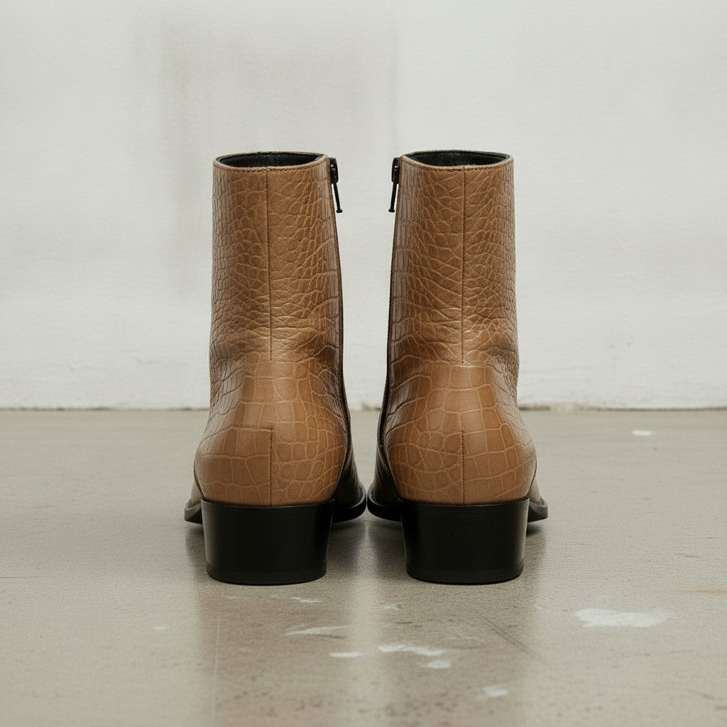Men's Tan Crocodile-Embossed Leather Ankle Boots