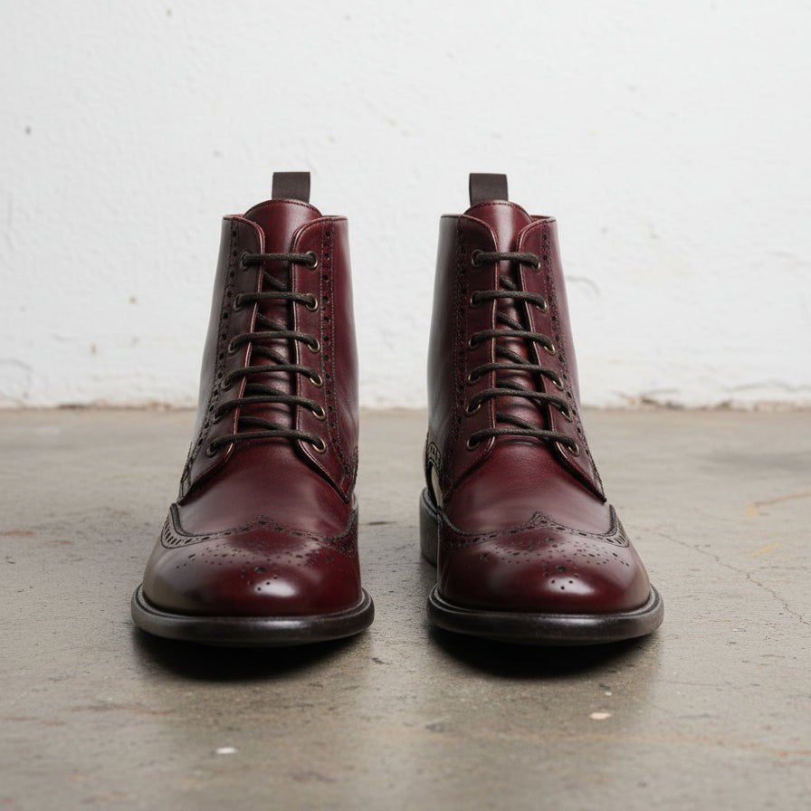 Men's Burgundy Wingtip Leather Derby Boots