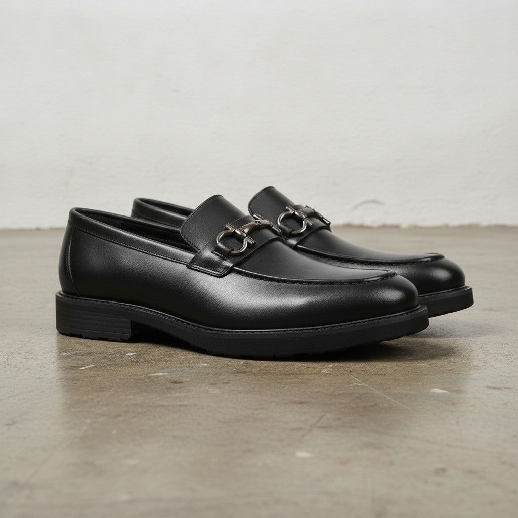 Men's Black Apron-Toe Leather Bit Loafers