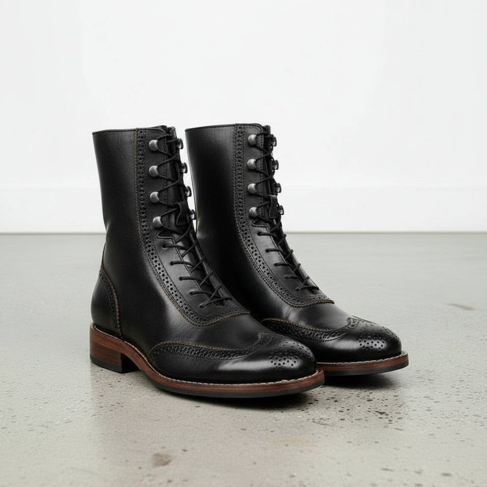 black wingtip dress boots Wingy Leather Chelsea grain black leather upper Full wingtip brogue perforation... Wingtip Boots | Custom Made