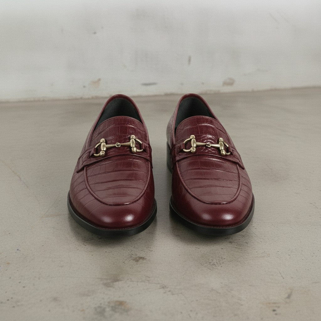 Men's Burgundy Crocodile-Embossed Leather Bit Loafers — Easington