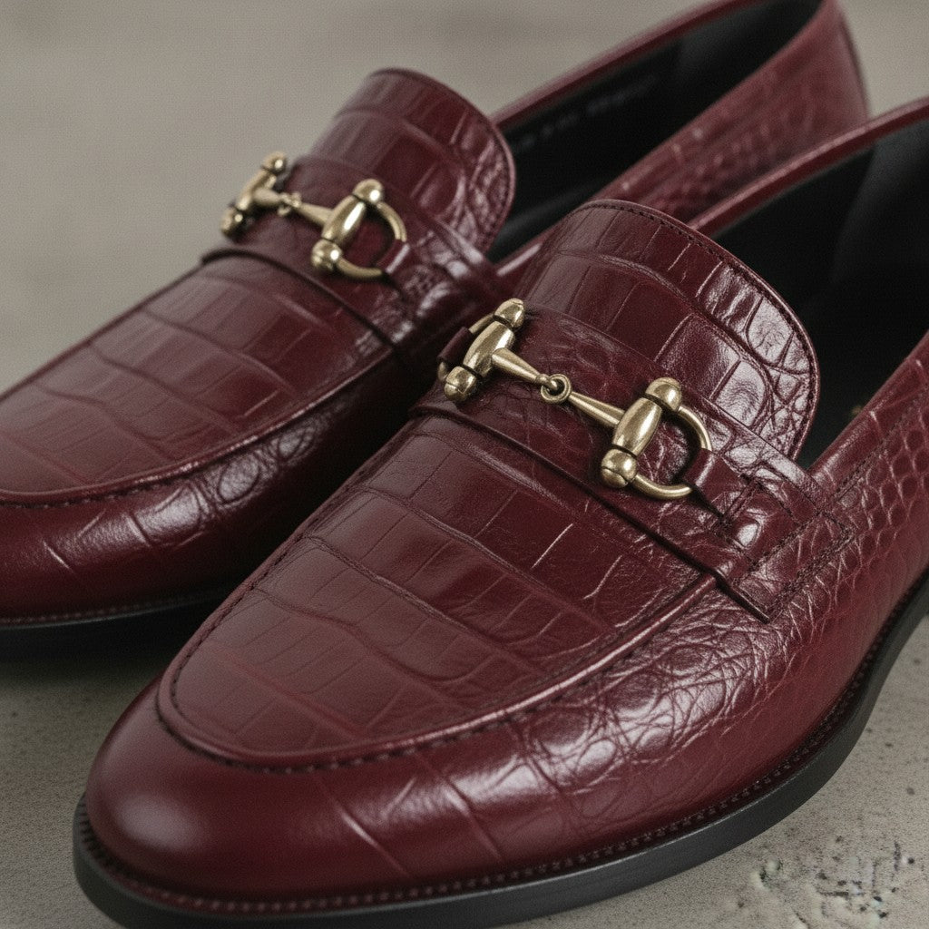Men's Burgundy Crocodile-Embossed Leather Bit Loafers — Easington