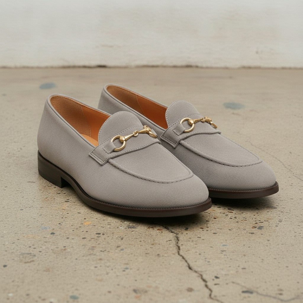 Men's Light Gray Apron-Toe Suede Bit Loafers