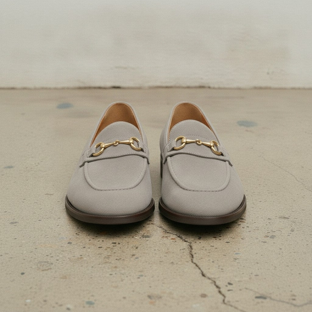 Men's Light Gray Apron-Toe Suede Bit Loafers