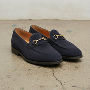 Men's Navy Blue Apron-Toe Suede Bit Loafers