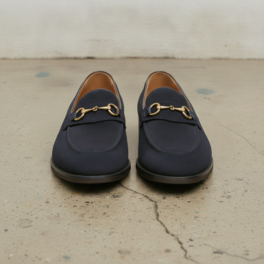 Men's Navy Blue Apron-Toe Suede Bit Loafers