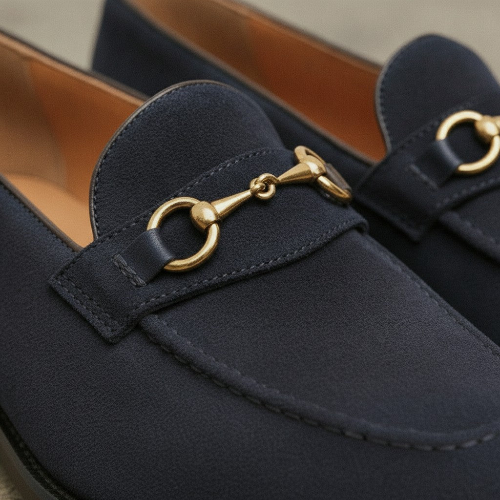 Men's Navy Blue Apron-Toe Suede Bit Loafers