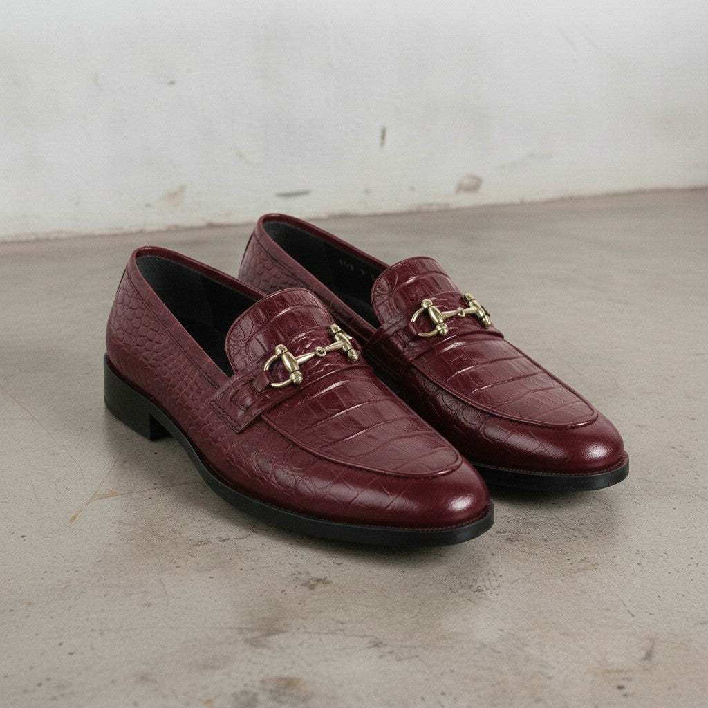 Men's Burgundy Crocodile-Embossed Leather Bit Loafers — Easington