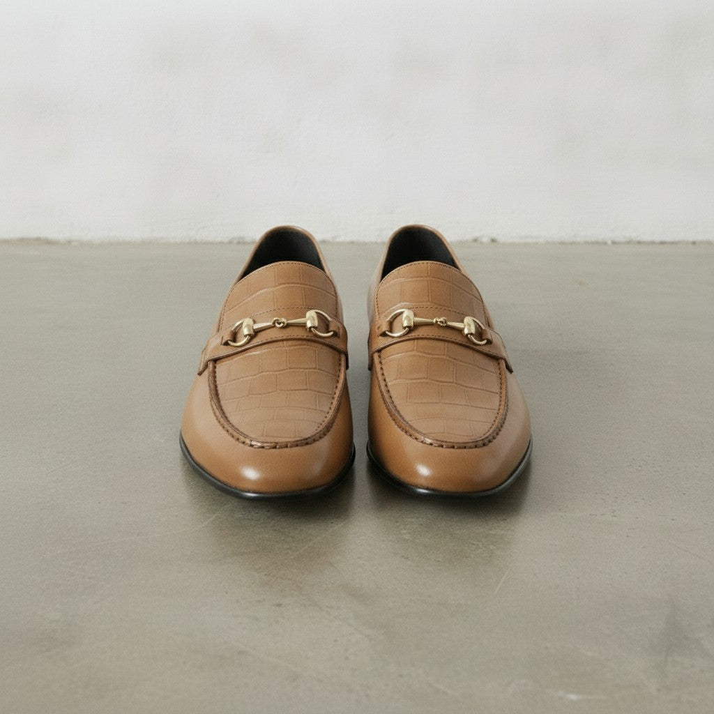 Men's Tan Crocodile-Embossed Leather Bit Loafers