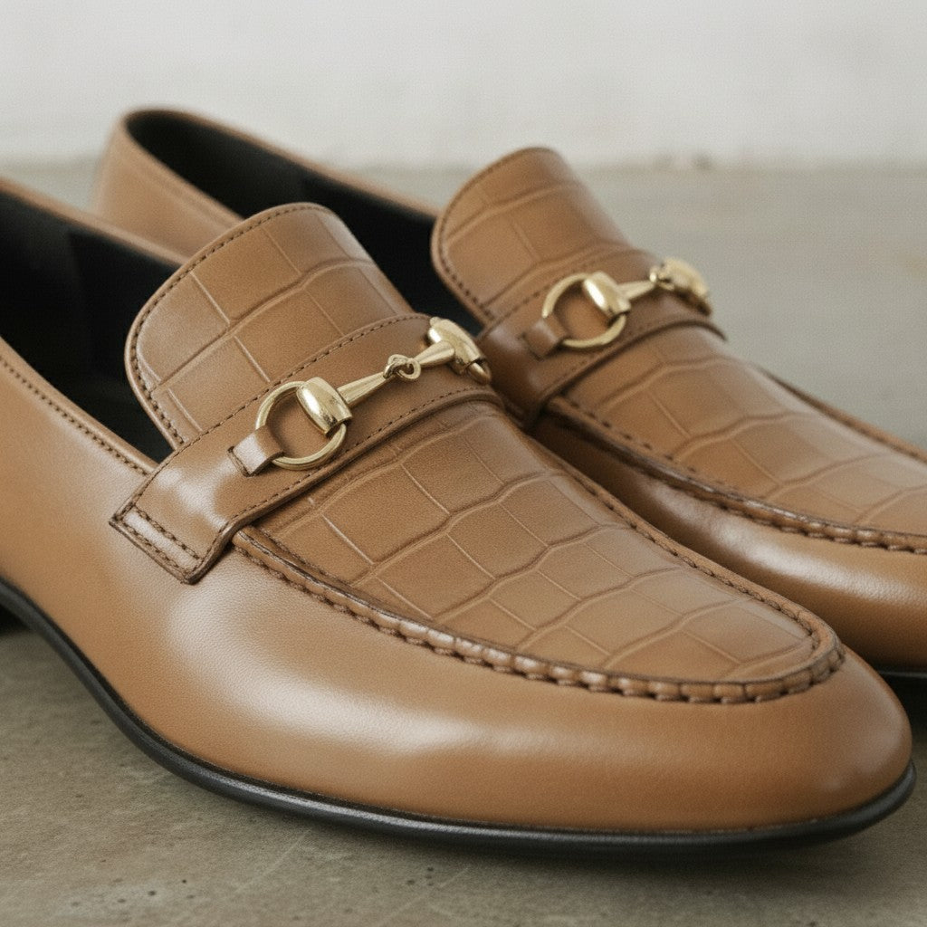 Men's Tan Crocodile-Embossed Leather Bit Loafers
