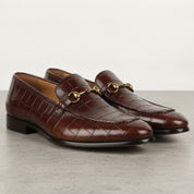Men's Brown Crocodile-Embossed Leather Bit Loafers