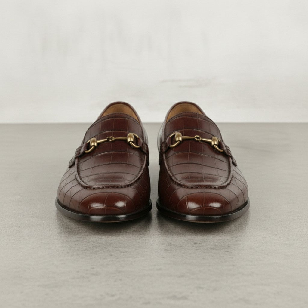 Men's Brown Crocodile-Embossed Leather Bit Loafers