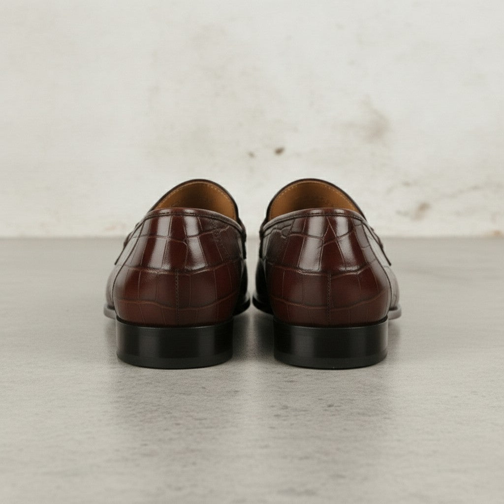Men's Brown Crocodile-Embossed Leather Bit Loafers