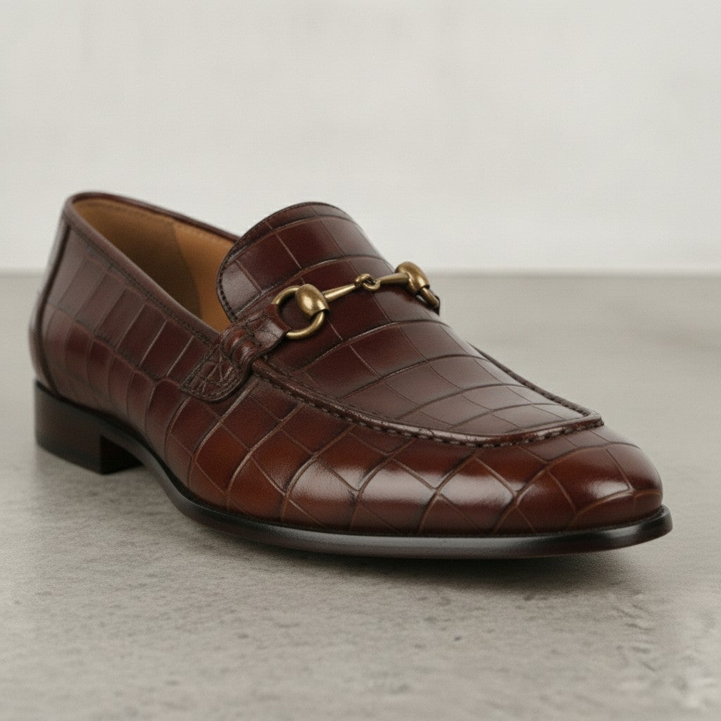 Men's Brown Crocodile-Embossed Leather Bit Loafers